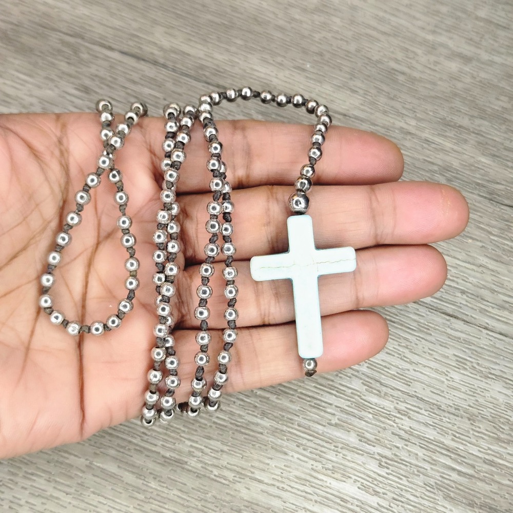Chunky Howlite Turquoise Cross Pendant Necklace 23" Metal round Beaded Chain